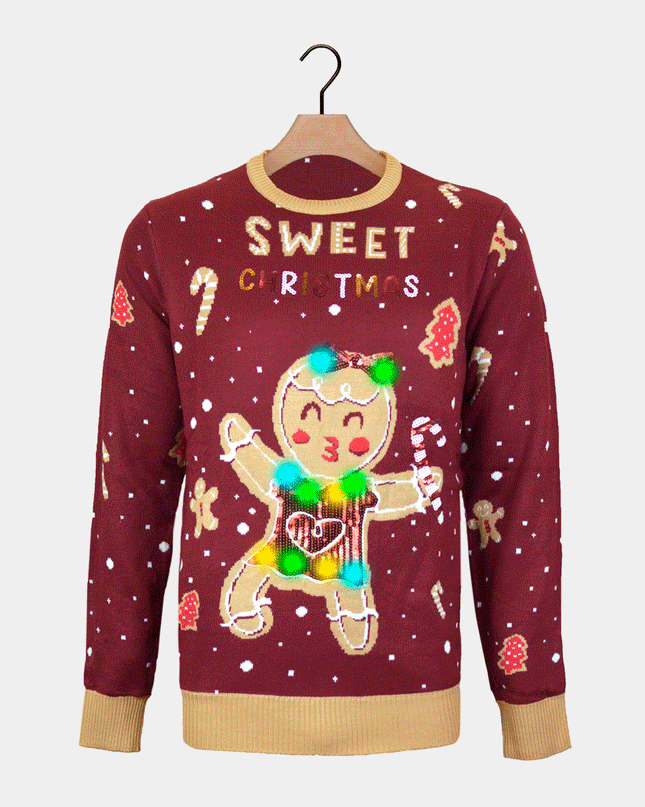 Pull de Noël pour couples avec motif de biscuits au gingembre LED - Rouge