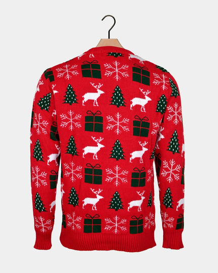 Christmas Sweater for Couples Red with Reindeer, Gifts, and Trees