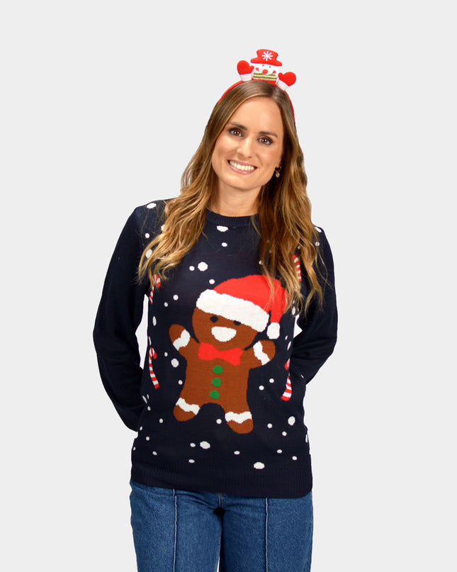 Pull de Noël bleu en pain d'épice pour femme