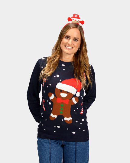 Blue Christmas Sweater for Women with Gingerbread Design