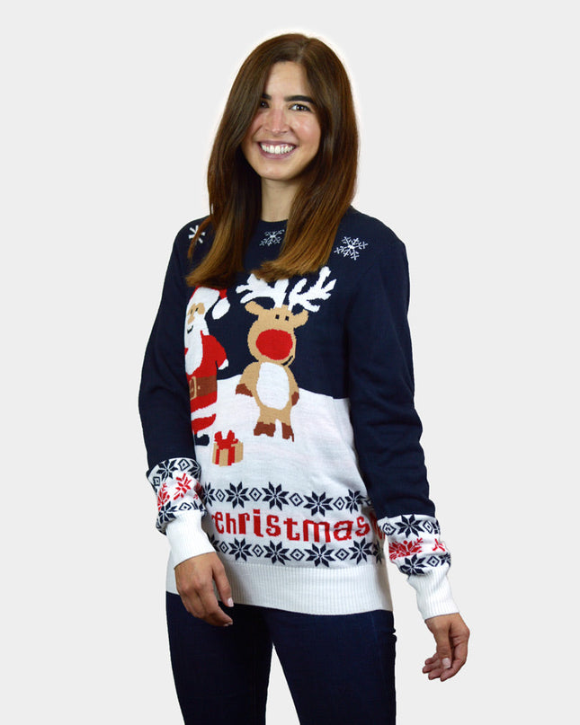 Pull de Noël bleu en coton bio pour couples - Père Noël et Rudolph