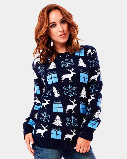 Pull de Noël bleu pour couples - Renne, cadeaux et sapins