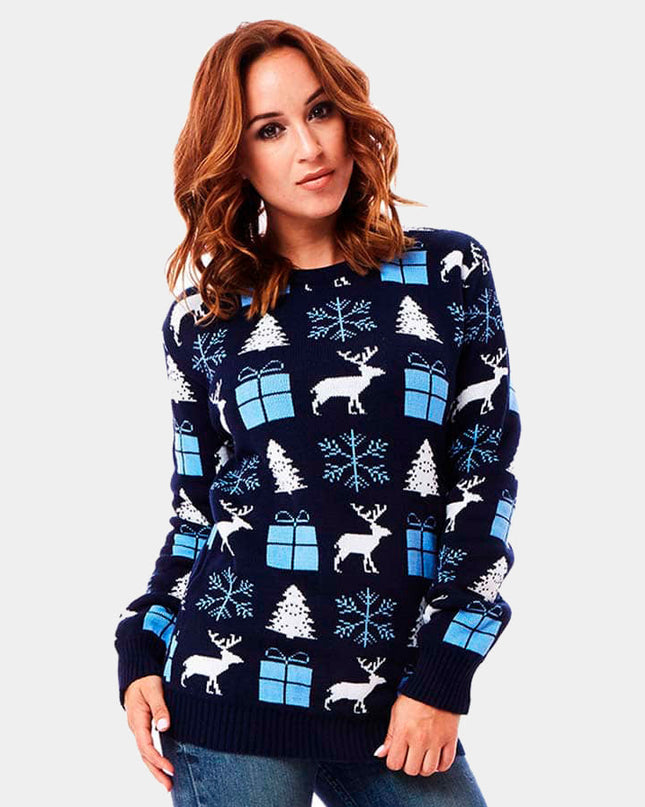 Pull de Noël bleu pour homme avec rennes, cadeaux et sapins