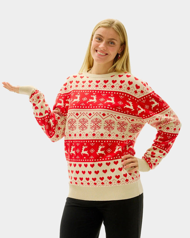 Pull de Noël Marius pour couples, à cœurs rouges et coton beige biologique
