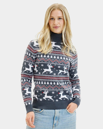 Pull de Noël gris à col roulé pour couples avec motif de rennes