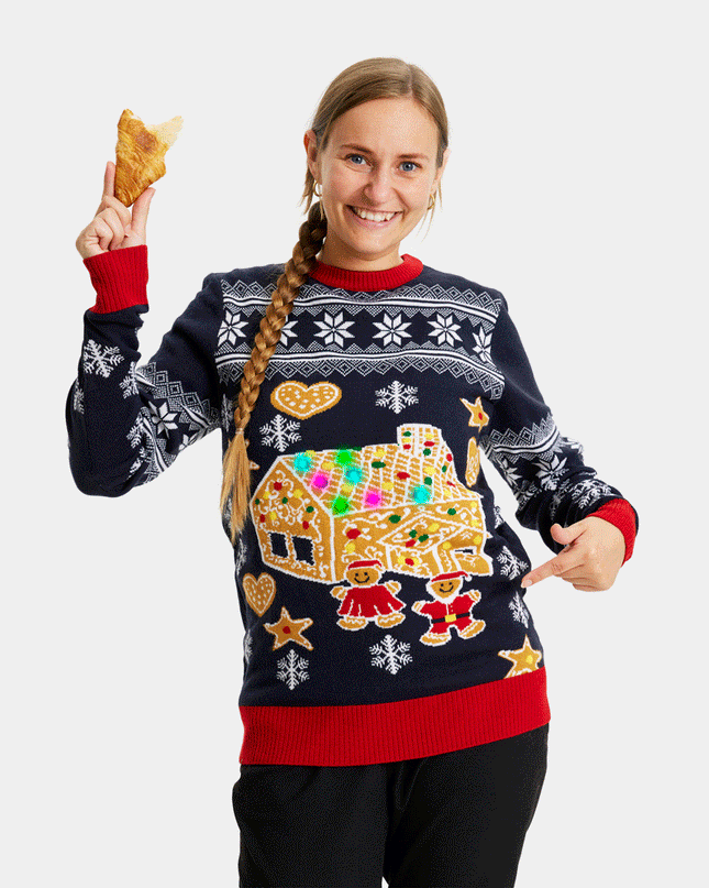 LED Lighted Gingerbread House Couple Christmas Sweater