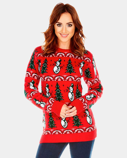 Pull de Noël rouge pour homme avec sapins et bonshommes de neige