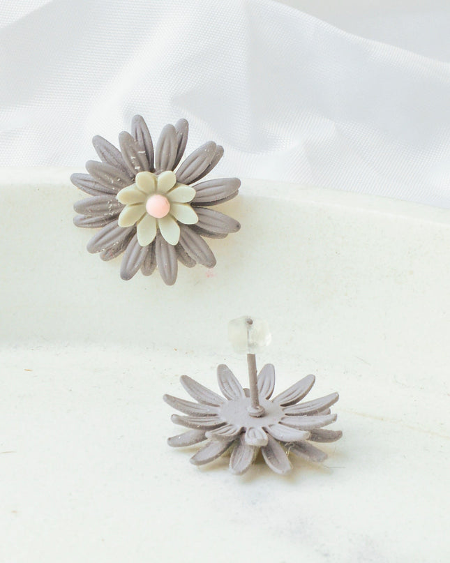 Boucles d'oreilles fleuries - Motif floral gris