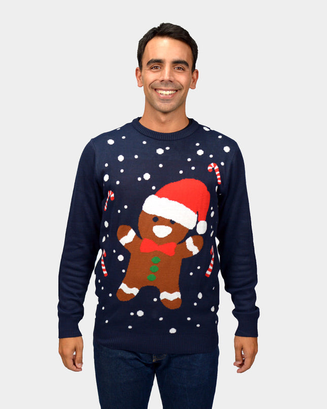 Pull de Noël bleu en pain d'épice pour homme