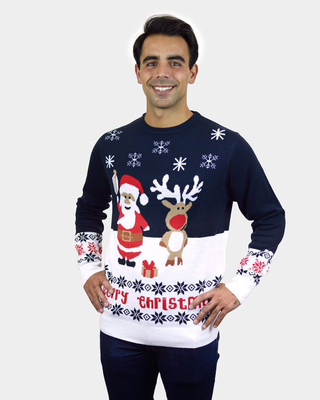 Pull bleu pour homme avec le Père Noël et Rudolph le renne