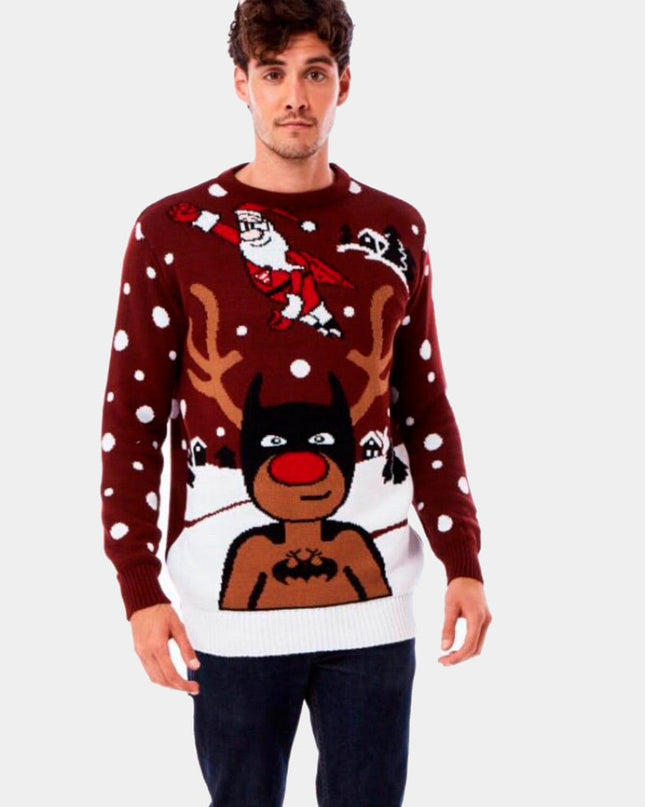 Pull de Noël pour femme avec Père Noël, Batman et Superman et des rennes