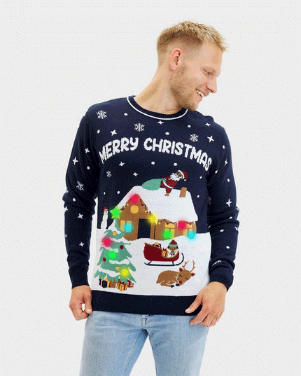 Pull de Noël bleu à LED pour homme
