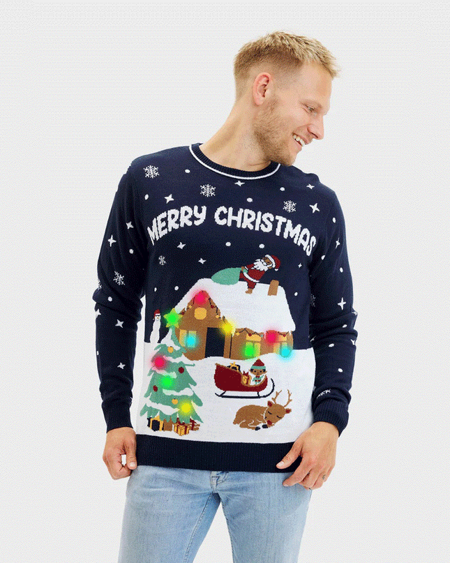 Pull de Noël bleu à LED pour homme