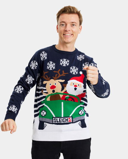Family Christmas Sweater with Reindeer and Santa Driving