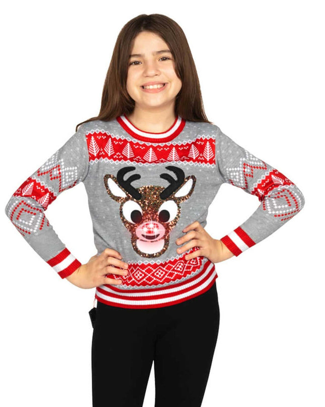 Girl's Sequin Rudolph Light Up Ugly Christmas Sweater