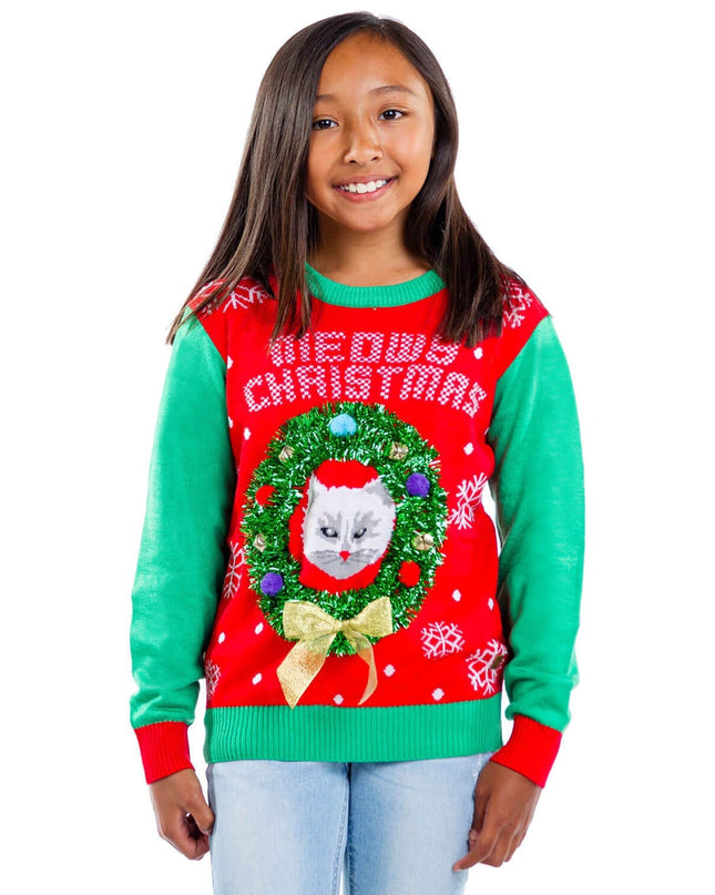 Girl's Cat in Wreath Ugly Christmas Sweater