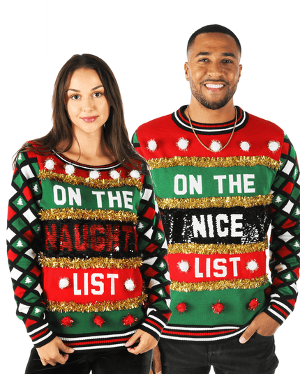 Matching Naughty or Nice Reversible Sequin Couples Ugly Christmas Sweater