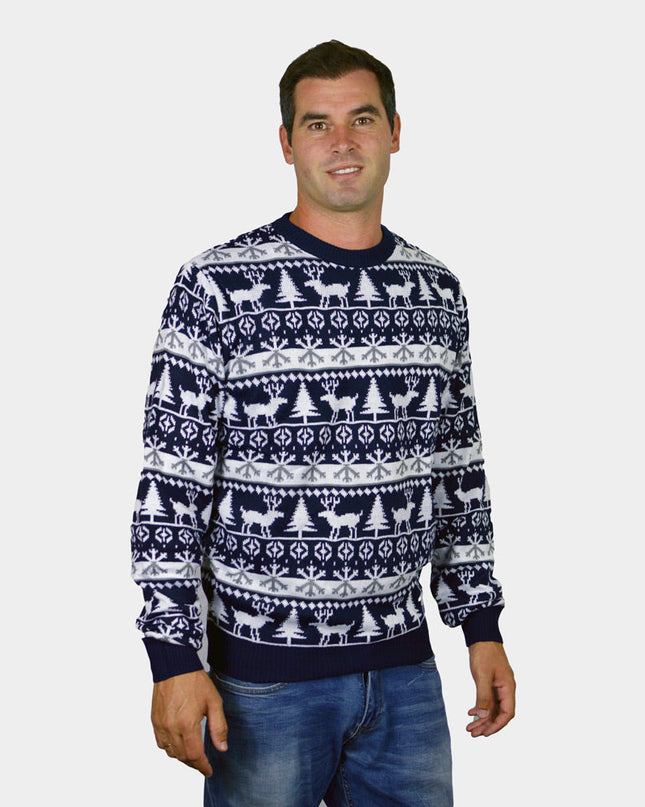 Striped Christmas Sweater for Men with Reindeer and Trees