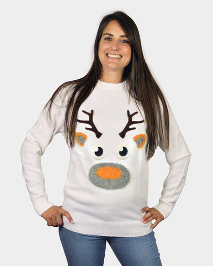 Pull de Noël blanc pour femme avec renne en 3D