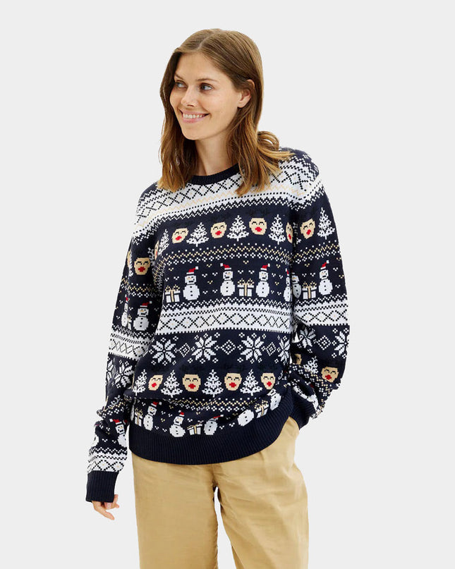 Pull de Noël bleu pour femme avec bonhommes de neige et sapins
