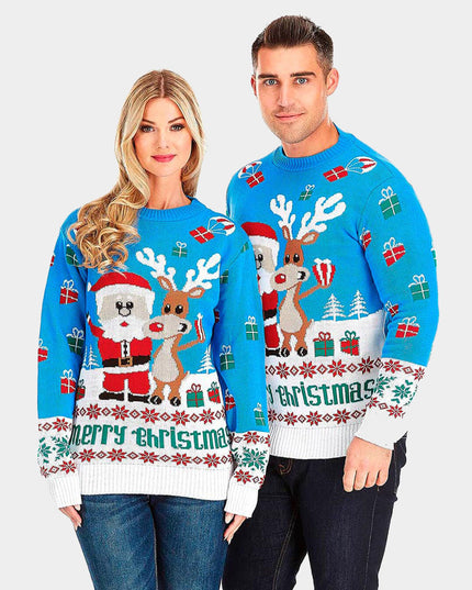 Christmas Sweater for Men Sky Blue with Rudolph and Santa Claus