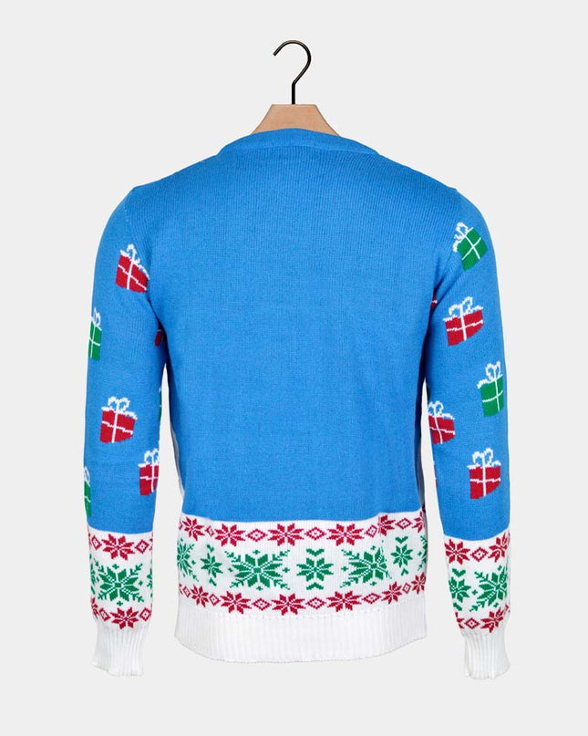 Pull de Noël bleu ciel pour femme avec Rudolph et le Père Noël