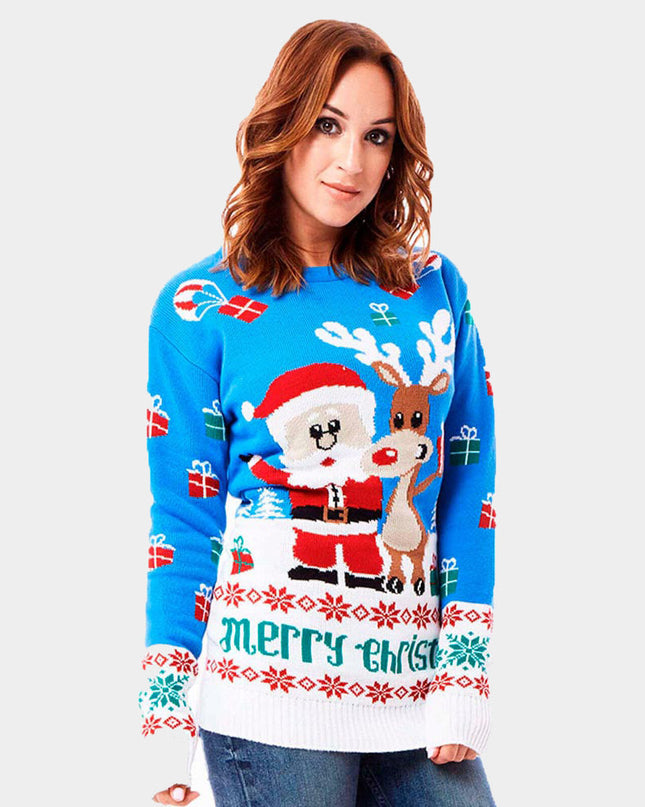 Pull de Noël bleu ciel pour femme avec Rudolph et le Père Noël