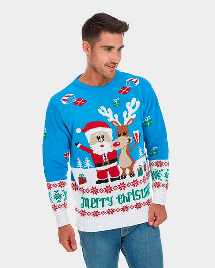 Pull de Noël bleu ciel pour femme avec Rudolph et le Père Noël