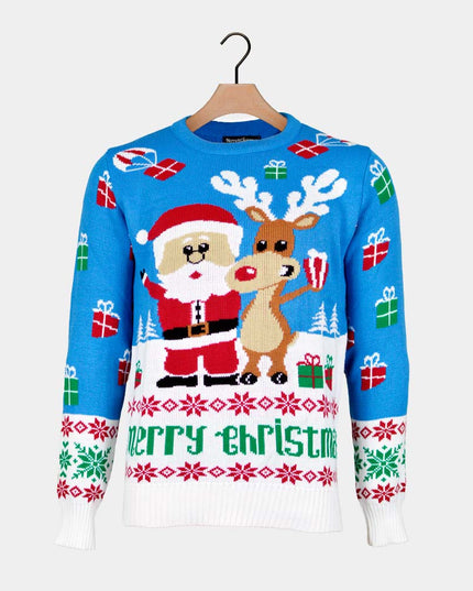 Pull de Noël bleu ciel pour femme avec Rudolph et le Père Noël