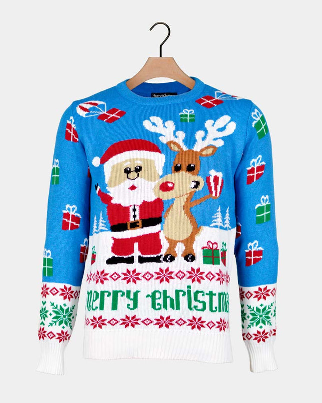 Pull de Noël bleu ciel pour homme avec Rudolph et le Père Noël
