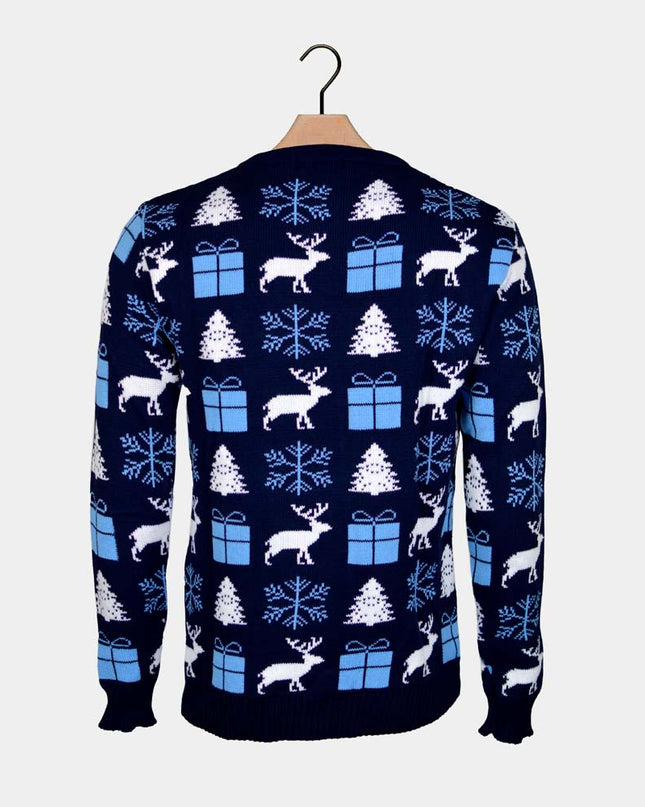 Blue Couple Christmas Sweater with Reindeer and Gifts
