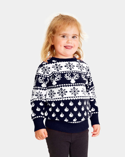 Pull de Noël bleu pour enfant avec des rennes et de la neige