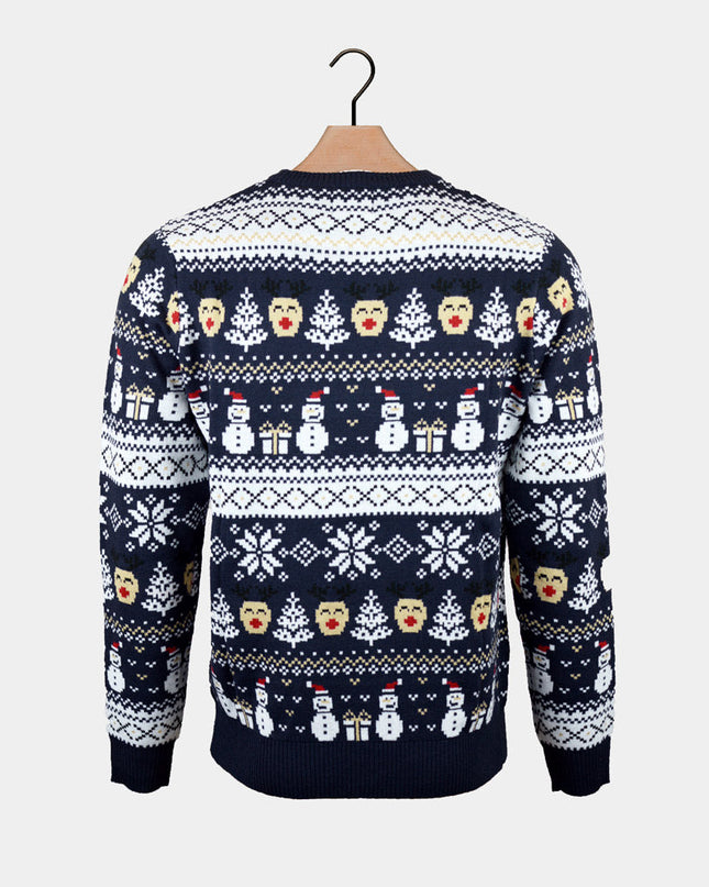 Pull de Noël bleu pour femme avec bonhommes de neige et sapins