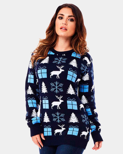 Pull bleu pour femme avec des rennes, des cadeaux et des arbres
