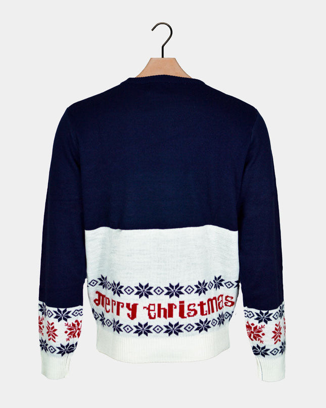Pull de Noël bleu en coton biologique avec le Père Noël et le renne Rudolph