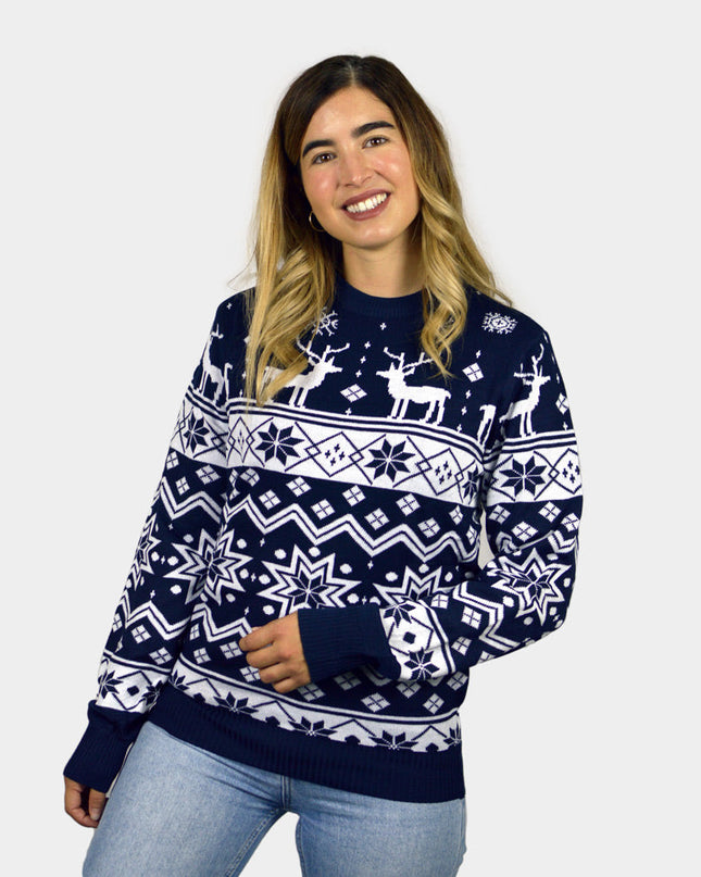 Pull de Noël bleu pour femme avec rennes et étoile nordique