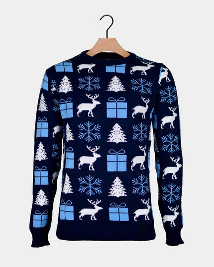 Pull de Noël bleu pour couples - Renne, cadeaux et sapins