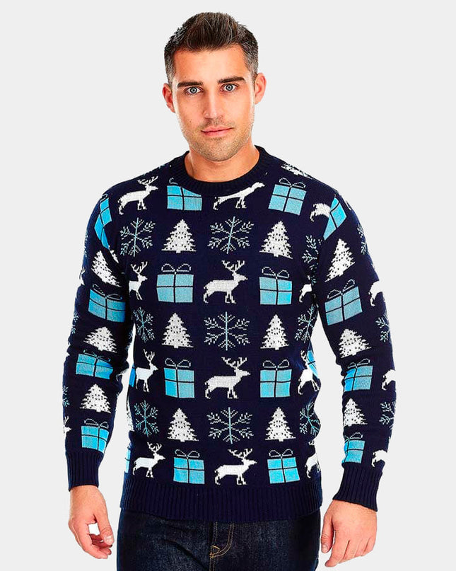 Pull de Noël bleu pour homme avec rennes, cadeaux et sapins