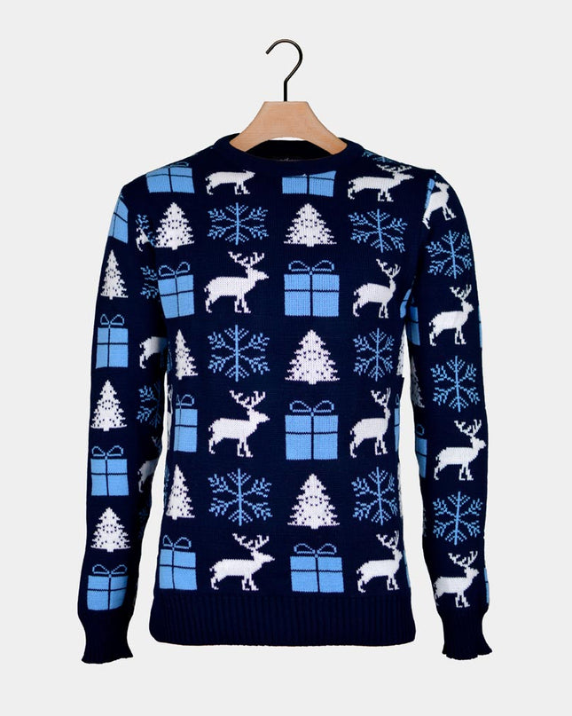 Pull bleu pour femme avec des rennes, des cadeaux et des arbres