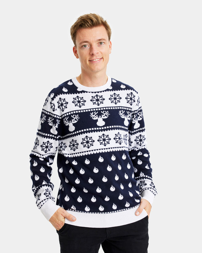 Pull de Noël bleu pour femme avec rennes et neige