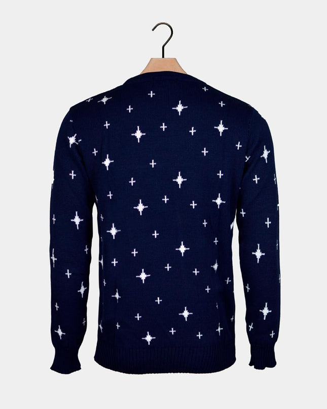 Pull bleu pour femme avec renne, sapin de Noël et étoiles