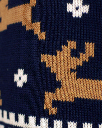 Pull de Noël chic pour couple, bleu avec rennes, en coton bio