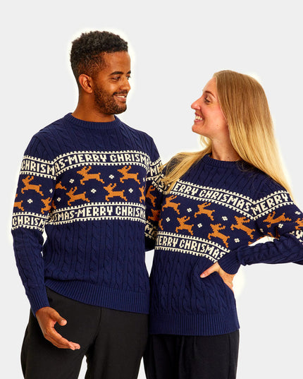 Pull de Noël chic pour couple, bleu avec rennes, en coton bio