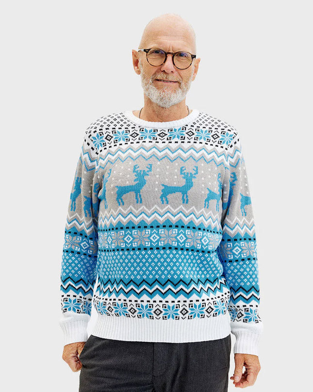 Pull chic blanc, gris et bleu à motif de rennes pour homme