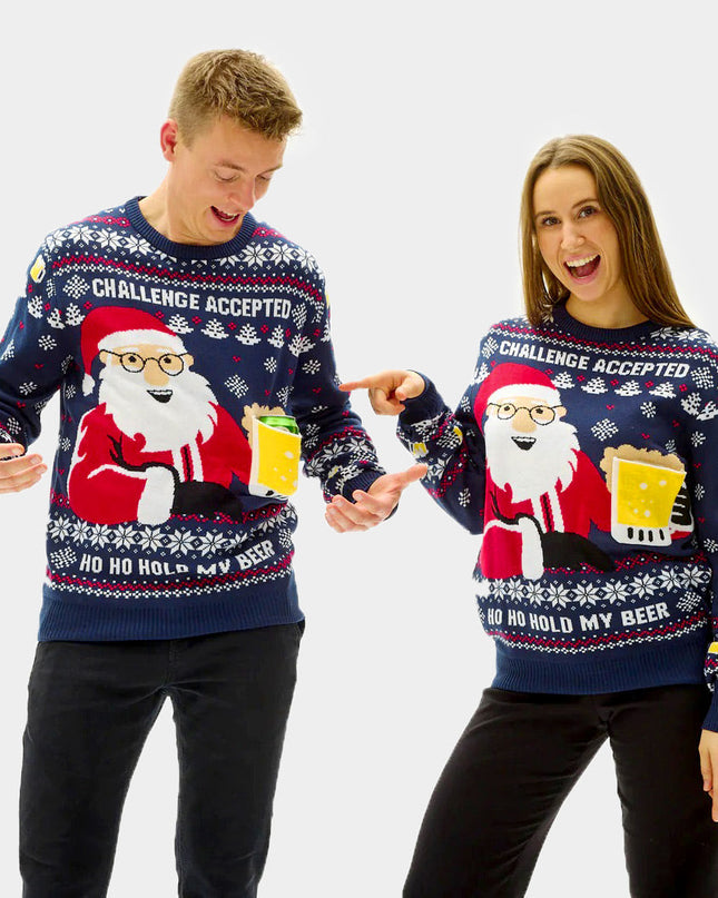 Pull de Noël 3D avec poche à bière pour couples