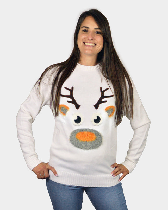 Pull de Noël pour couples avec motif rennes 3D - Blanc
