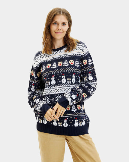 Pull de Noël bleu pour couple avec bonhommes de neige et sapins