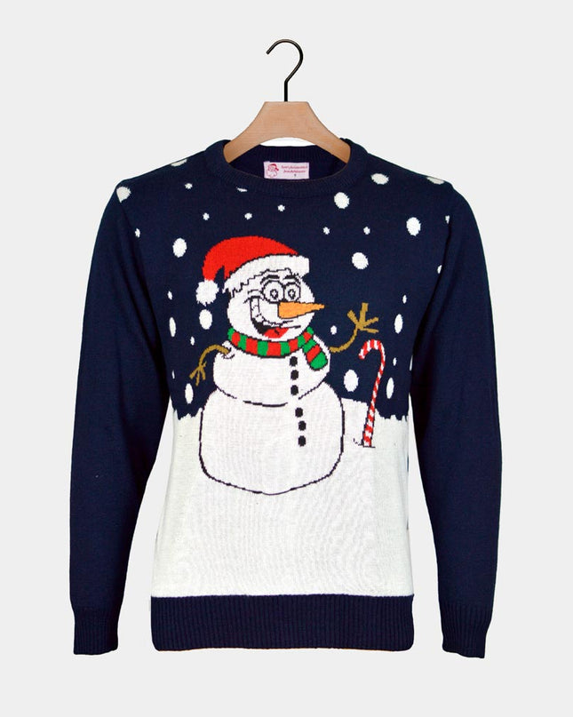 Pull de Noël bleu marine avec bonhomme de neige