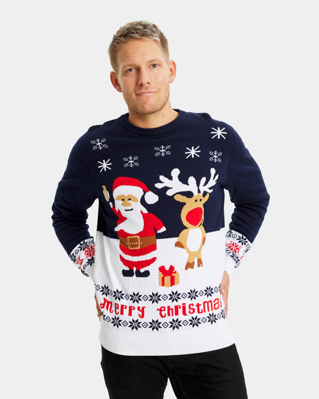 Organic Cotton Blue Couple Christmas Sweater with Santa and Rudolph