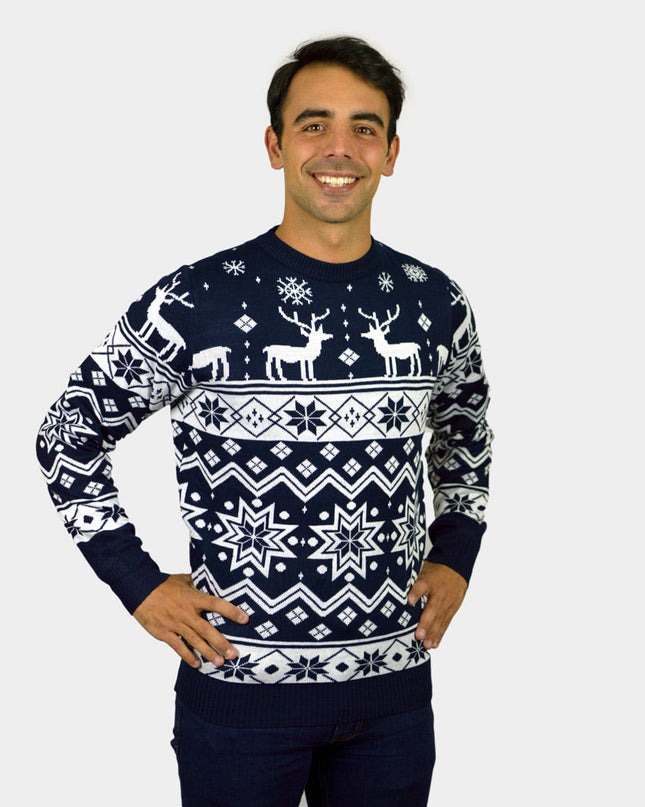 Pull de Noël bleu pour couples avec Rudolph et étoile nordique